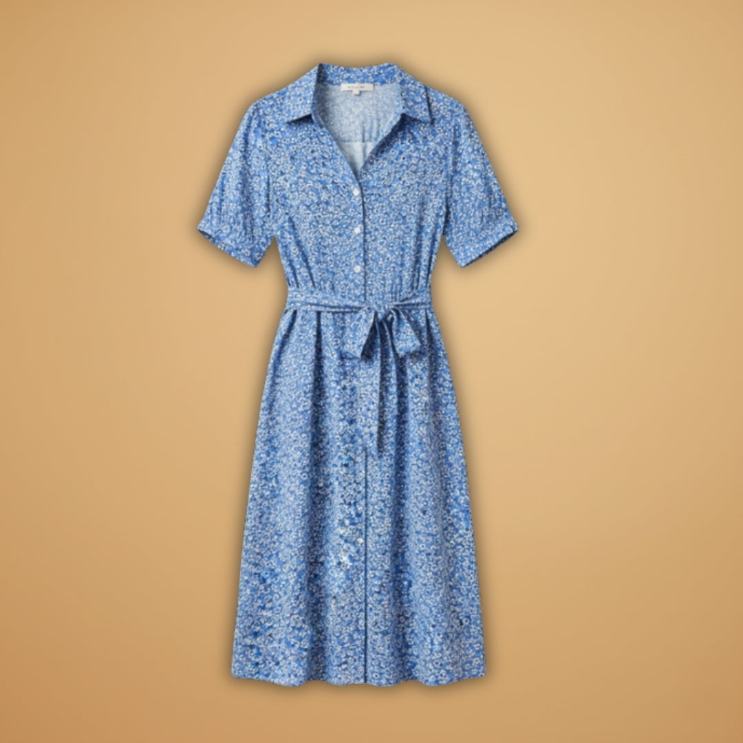 Vestido midi camiseiro feminino com estampa floral colorida e decote V, perfeito para verão e primavera.