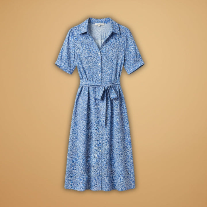 Vestido midi camiseiro feminino com estampa floral colorida e decote V, perfeito para verão e primavera.