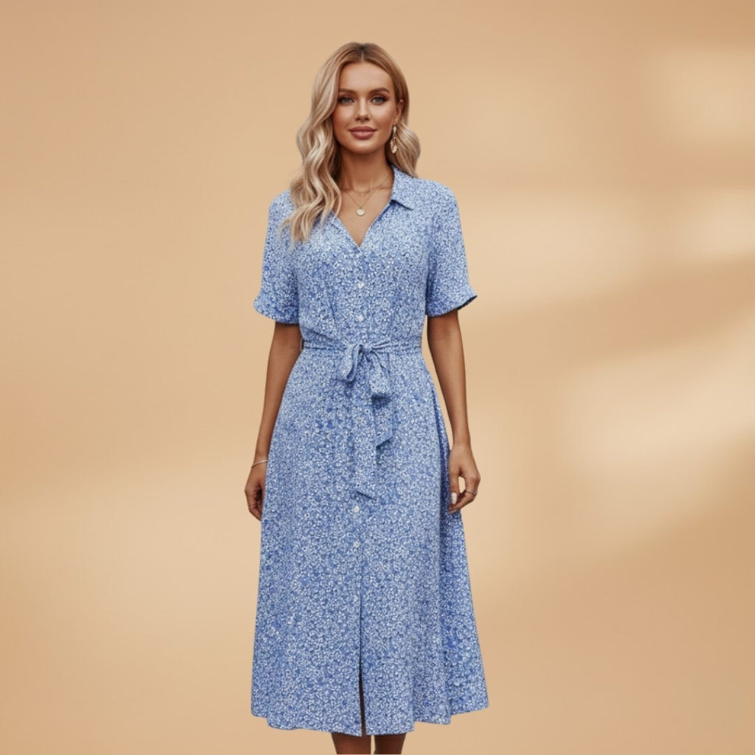 Vestido midi camiseiro floral feminino, decote V, estilo elegante e casual para primavera/verão. Confortável.
