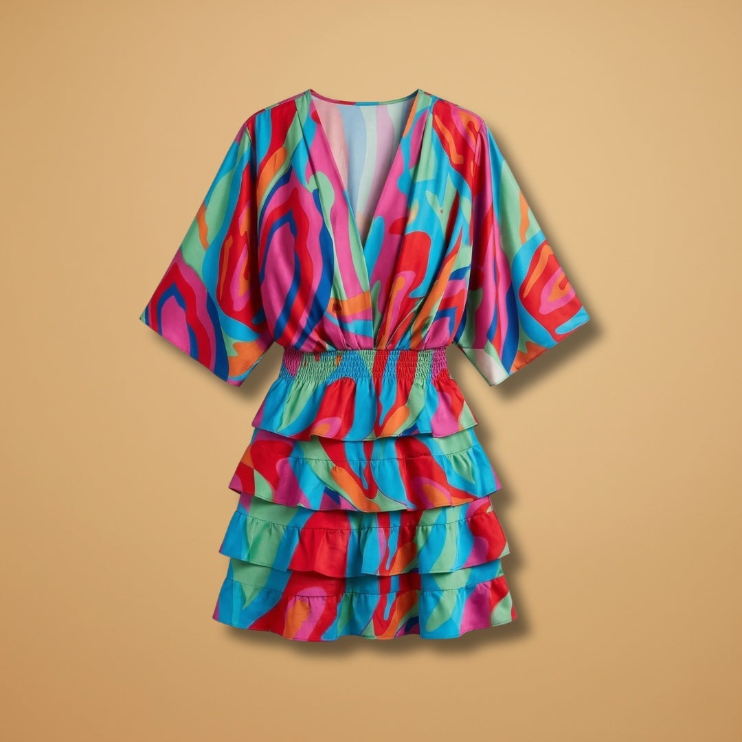 Vestido Midi Feminino Estampado com Decote V e Folhos. Ideal para um look vibrante e elegante.