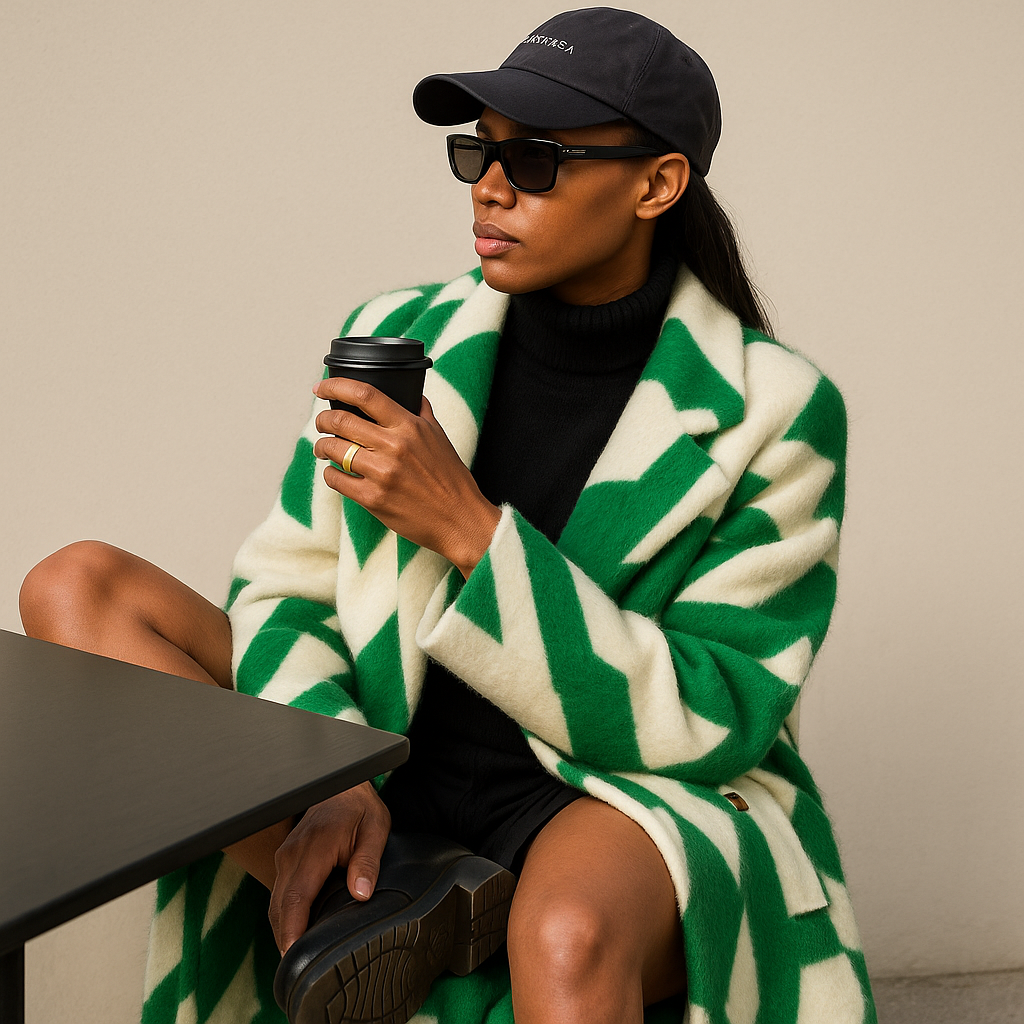 Casaco feminino longo e oversized, com estampa gráfica, para um visual elegante e confortável no inverno.