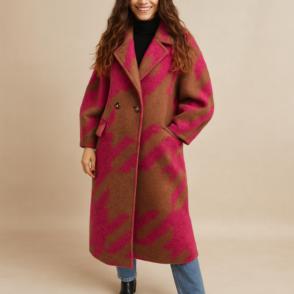 Confortável casaco feminino estampado, oversized e longo, para moda outono/inverno e estilo moderno.