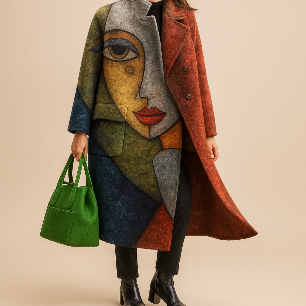 Casaco feminino longo com estampas gráficas, oversized, confortável para outono/inverno.