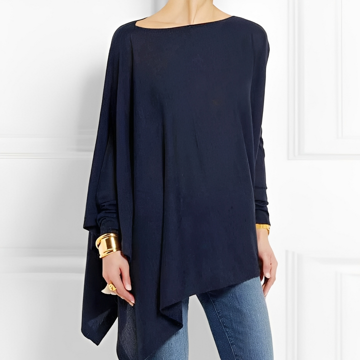 Top feminino folgado de manga comprida. Blusa versátil e confortável, ideal para moda casual e outono/inverno.