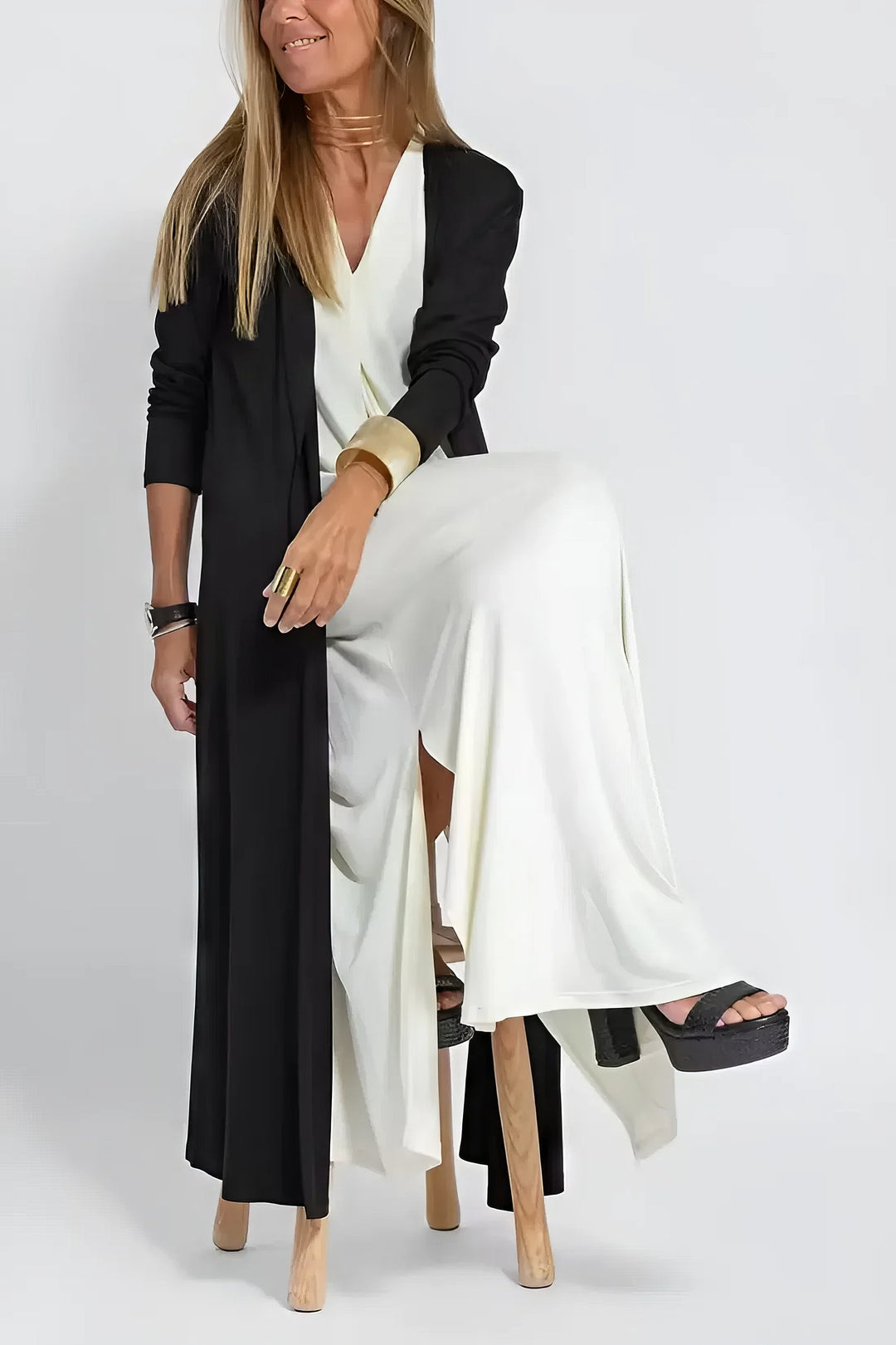 Conjunto feminino: Vestido longo confortável e cardigan combinando. Decote V, lavável.