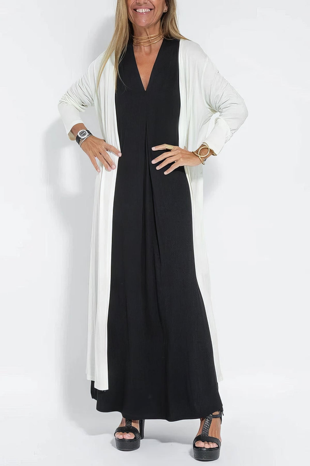 Conjunto feminino versátil: Vestido longo e cardigan, decote V. Lavável, casual e elegante.