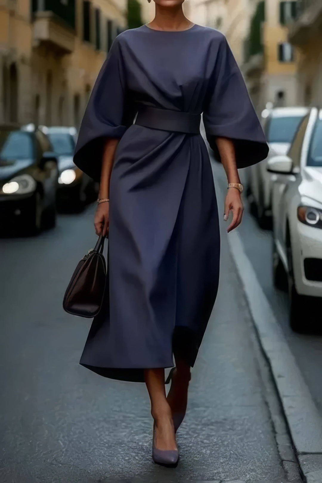 Vestido feminino midi elegante, com cinto ajustável e mangas lanterna, perfeito para roupa social versátil.
