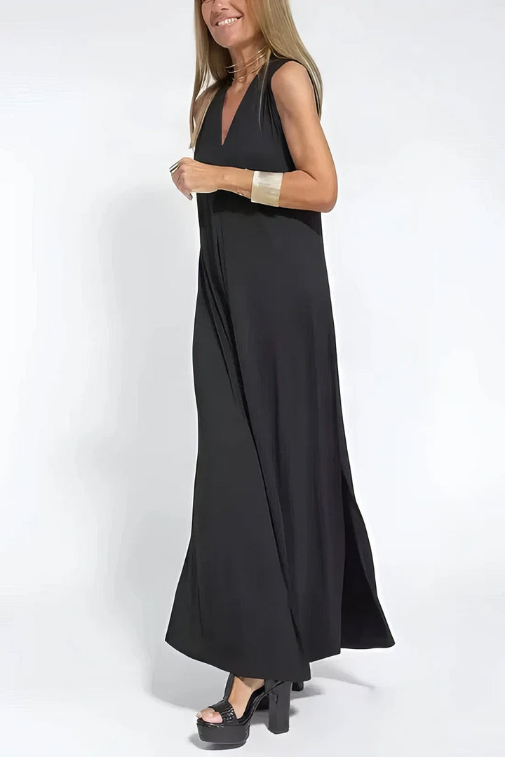 Vestido longo feminino decote V e cardigan. Confortável e elegante para a moda primavera/verão.