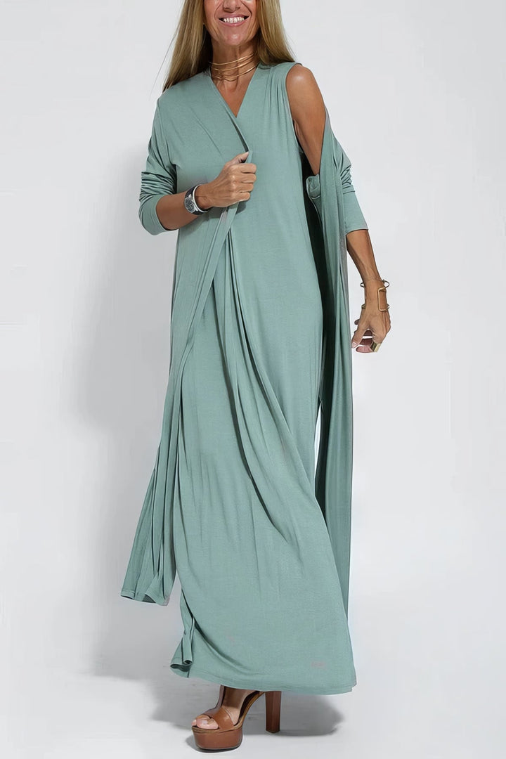 Conjunto feminino casual chic: vestido longo e cardigan versátil. Conforto para o dia a dia.