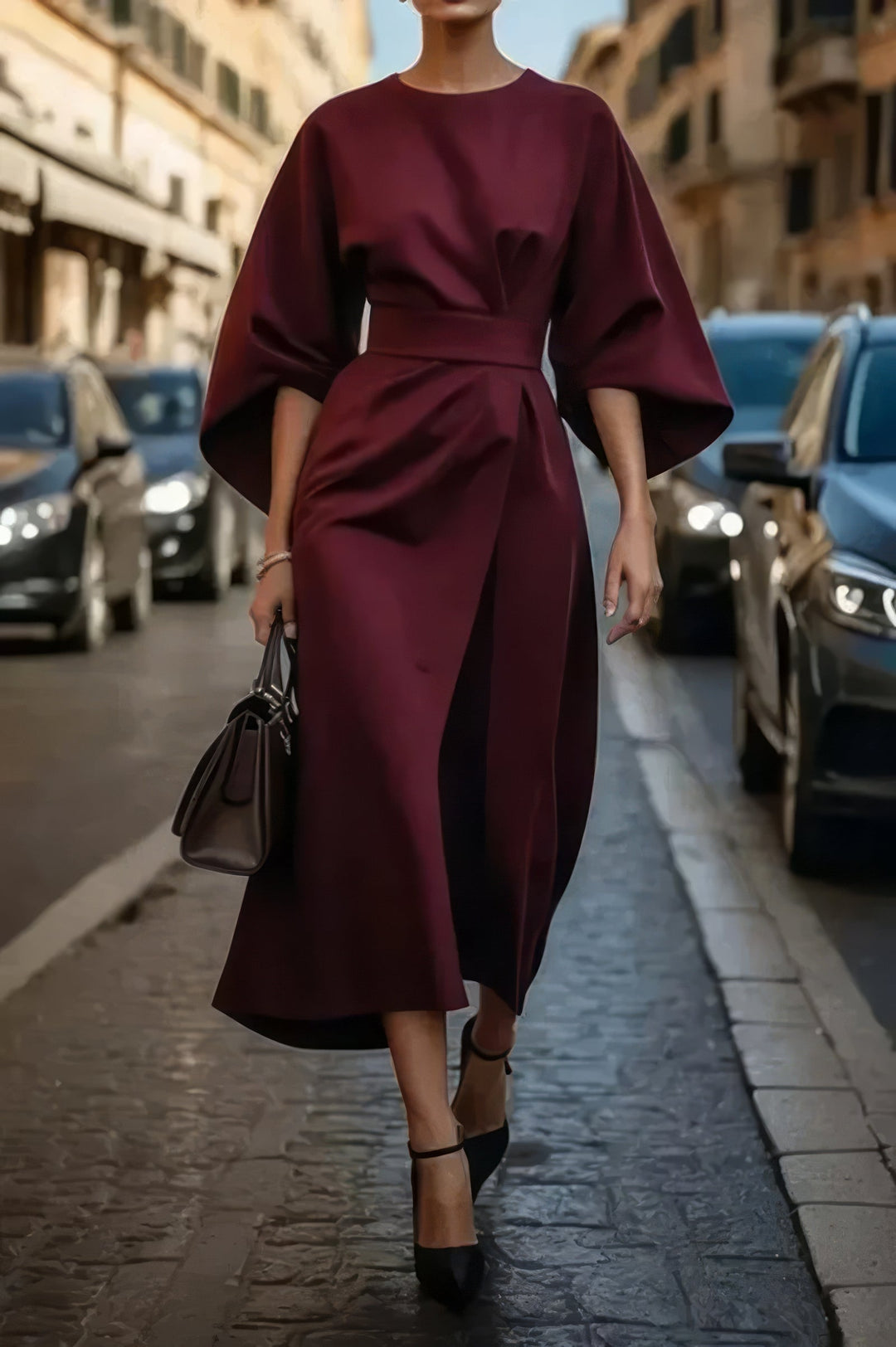 Vestido midi feminino elegante, com mangas lanterna e cinto, peça-chave para moda social e looks casuais.