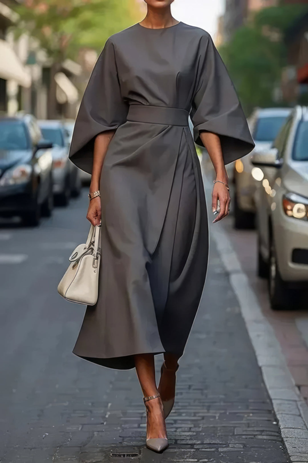 Vestido feminino versátil com mangas lanterna e cinto ajustável, estilo elegante para festa e casual chic.