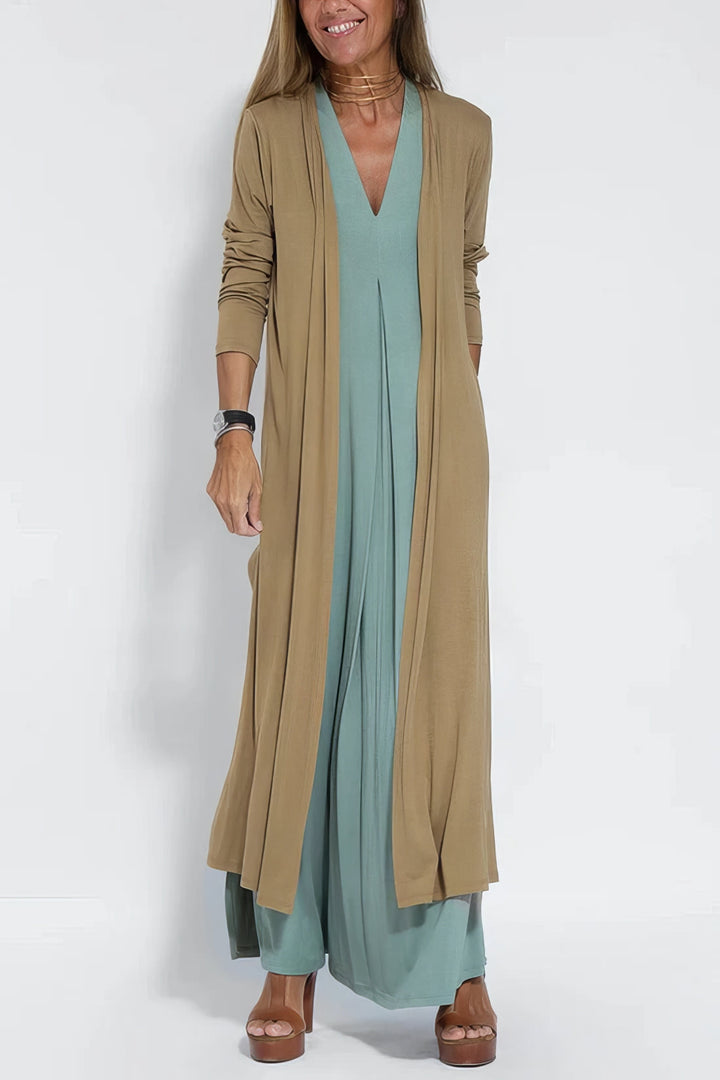 Vestido longo feminino elegante com cardigan combinando, decote V. Perfeito para moda verão e primavera.