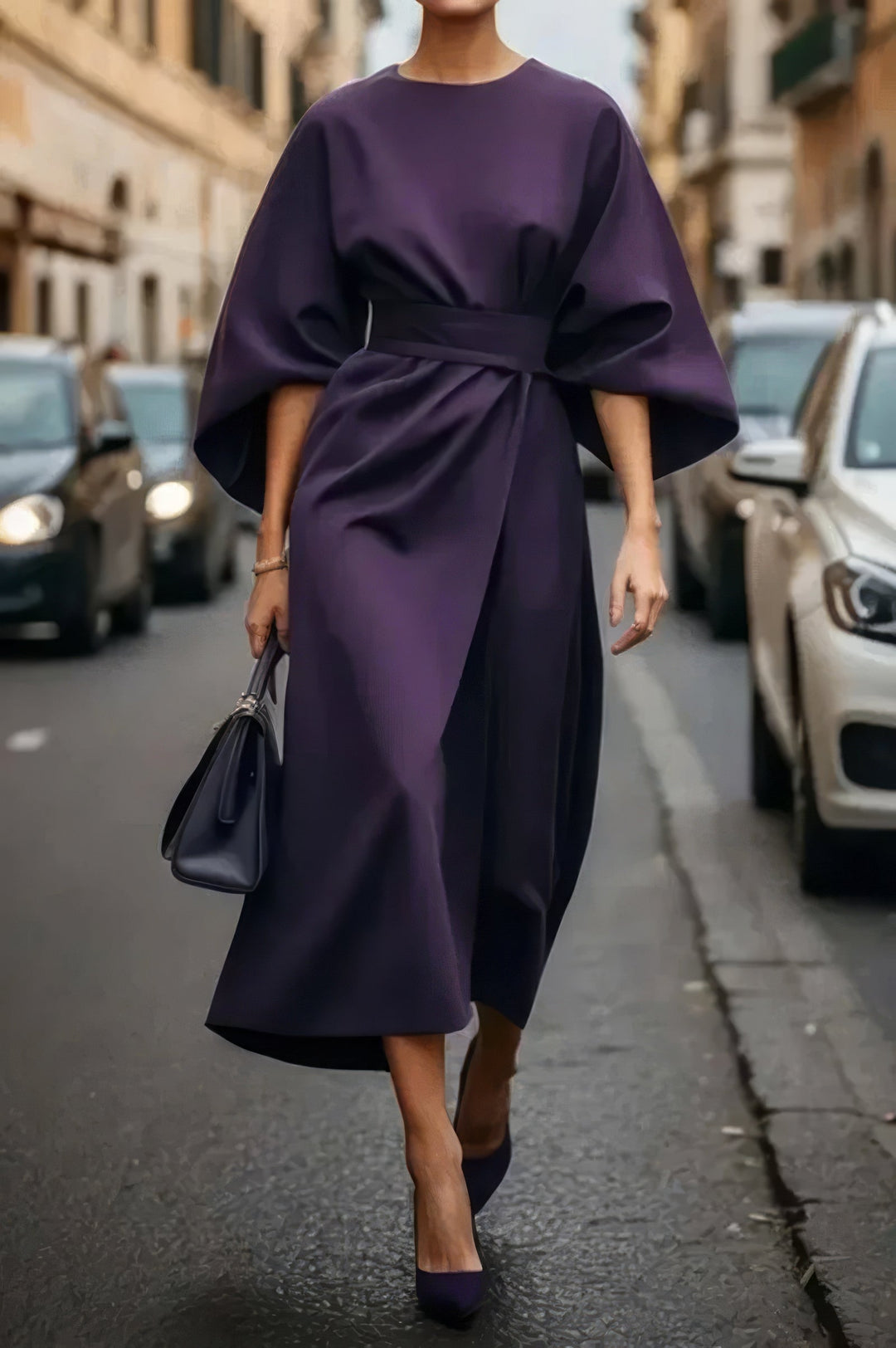 Vestido feminino midi elegante com cinto, mangas lanterna, ideal para moda festa, roupa social e casual chic.